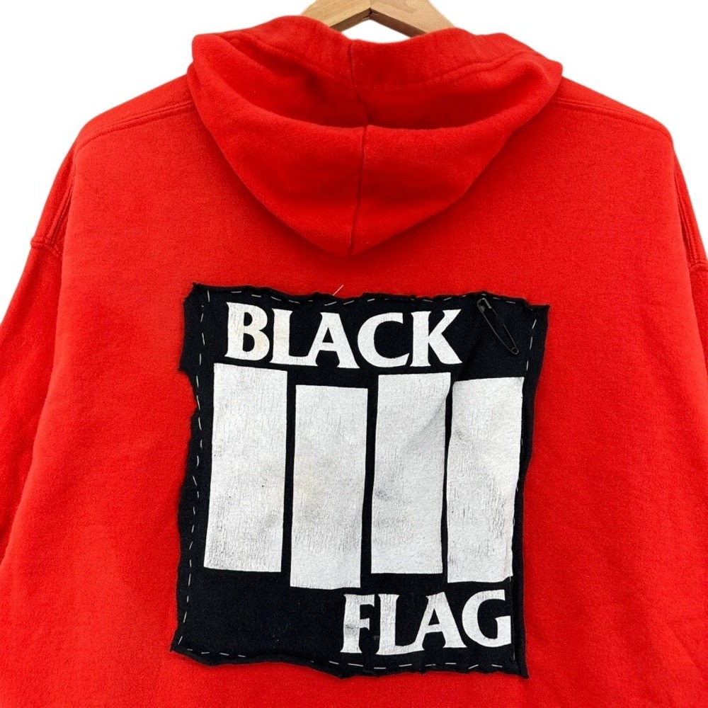 Upcycled Black Flag Punk Rock Custom Patch Hoodie Red XL DIY Hardcore Grunge